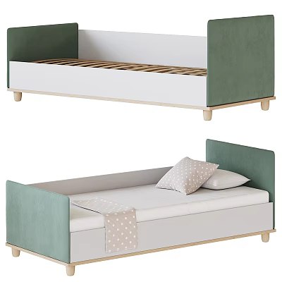 Modern Single Bed Design With Green Upholstered Headboard White Frame And Wooden Legs 3d model