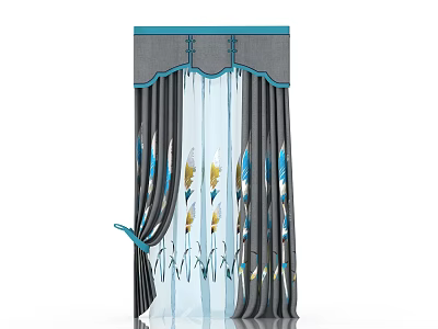 Stylish Gray Curtains With Blue Accents And Feather Patterns And Decorative Tiebacks 3d model
