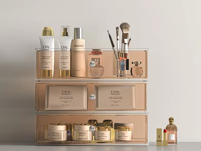 Perfume and Cosmetics in Acrylic Organizer with Skincare Products Makeup Brushes and Gold Beige Bottles 3d model
