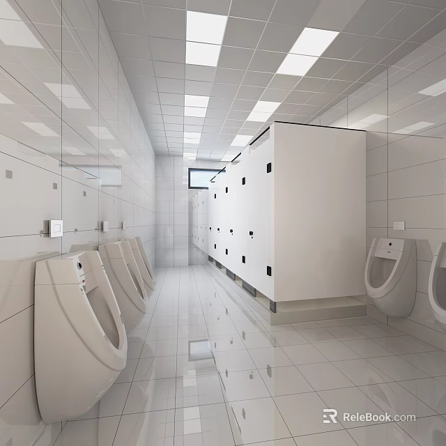 Modern Public Restroom Interior Design With White Tiled Walls Urinals Stalls And Ceiling Lights 3d model 