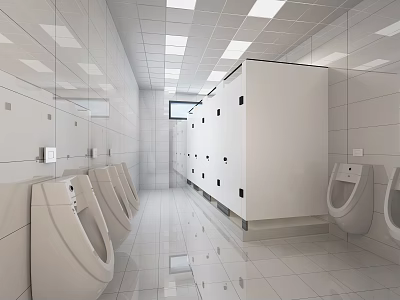 Modern Public Restroom Interior Design With White Tiled Walls Urinals Stalls And Ceiling Lights 3d model