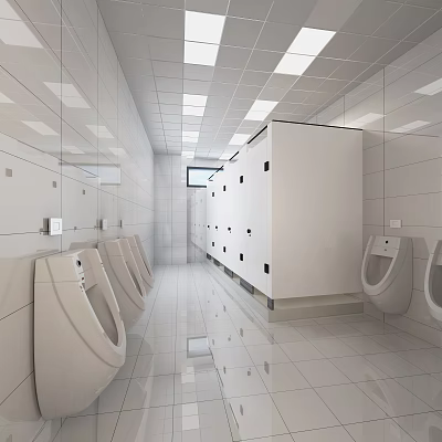 Modern Public Restroom Interior Design With White Tiled Walls Urinals Stalls And Ceiling Lights 3d model