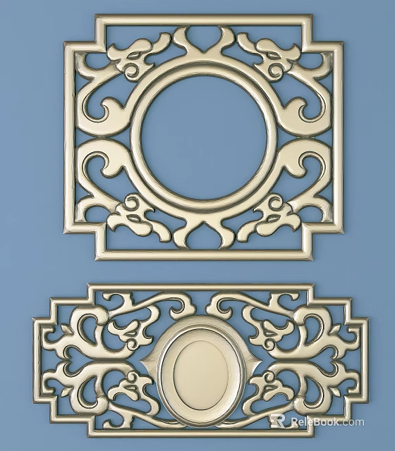 Ornate Carved Metal Decorations Featuring Intricate Curved Patterns Circular Center And Square Frame 3d model 