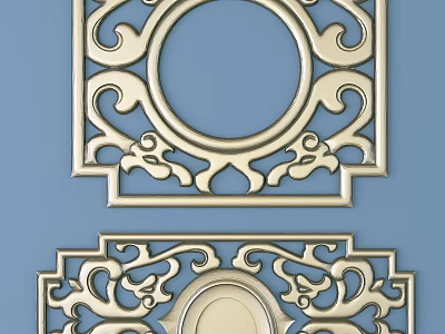 Ornate Carved Metal Decorations Featuring Intricate Curved Patterns Circular Center And Square Frame 3d model