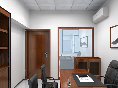 Modern Office Interior With Wooden Door Glass Partition Conference Table And Black Chairs 3d model