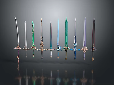 Collection of Various Decorative Swords with Ornate Hilts and Colorful Blades 3d model