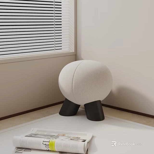 White Round Padded Side Table With Black Three Legs In Room Corner Near Window 3d model 