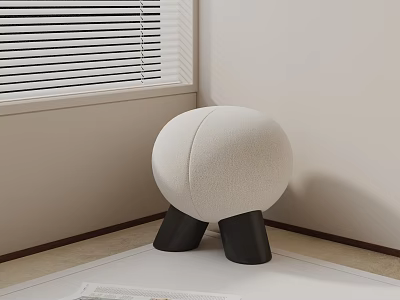 White Round Padded Side Table With Black Three Legs In Room Corner Near Window 3d model
