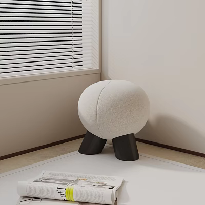 White Round Padded Side Table With Black Three Legs In Room Corner Near Window 3d model