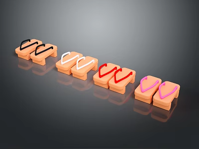 Different Colored Slipper Shoes Arranged In A Row With Reflection On Dark Background 3d model