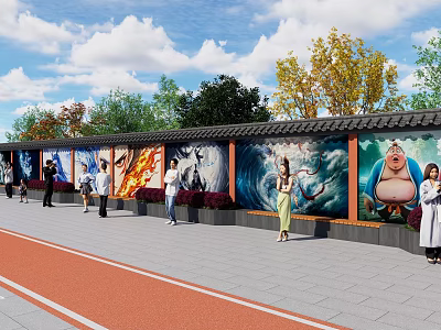 Scenic Wall With Colorful Mural Paintings And Visitors Near Red Track 3d model