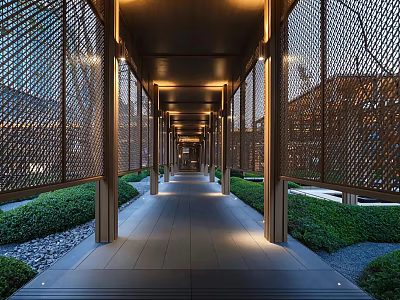 Modern Wooden Pergola With Lattice Screens And Warm Lighting Along Garden Pathway 3d model