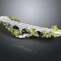 Detailed Stone Bridge Model With Multiple Arches And Surrounding Greenery