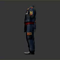 Three Sets of Blue Military Uniforms with Gold Buttons Red Belts and Badges