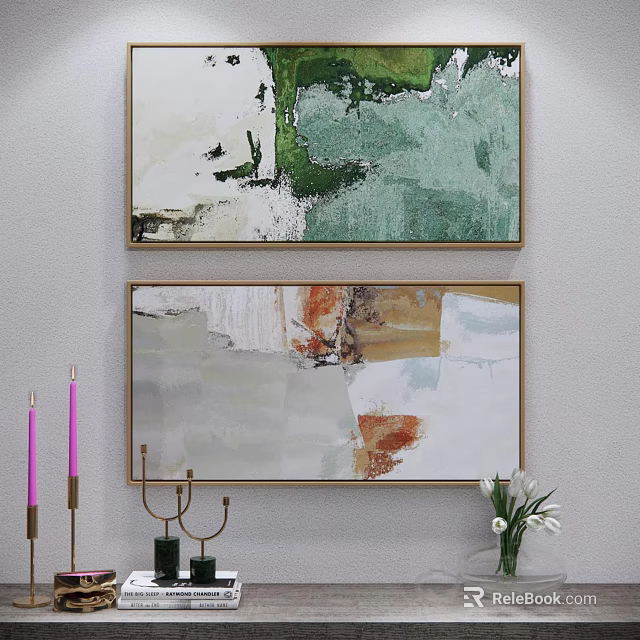 Modern Abstract Hanging Wall Art Paintings Green White Beige Orange Tones for Home 3d model 