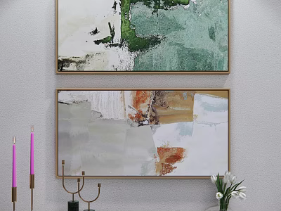 Modern Abstract Hanging Wall Art Paintings Green White Beige Orange Tones for Home 3d model
