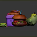 Colorful Decorated Food Items in Purple Lunch Box with Large Hamburger and Chopsticks