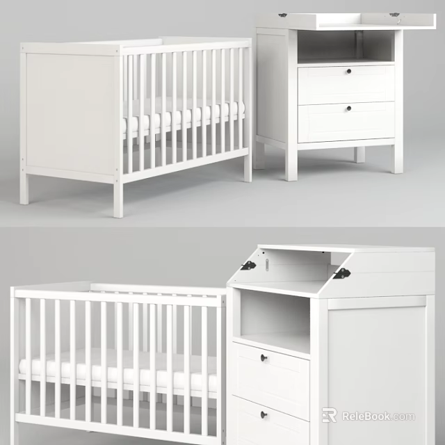 White Baby Crib With Matching Dresser Storage Drawers And Modern Design 3d model 