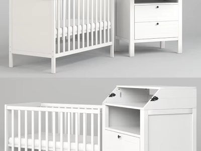 White Baby Crib With Matching Dresser Storage Drawers And Modern Design 3d model