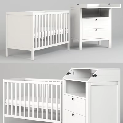 White Baby Crib With Matching Dresser Storage Drawers And Modern Design 3d model