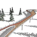 Elevated Sky Garden Walkway With Wooden Deck Curved Design And Pedestrians