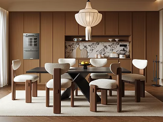 Restaurant Dining Table Dining Chair Sideboard Wine Cabinet Chandelier 3d model
