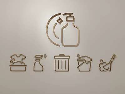 Cleaning Supplies Icons Wall Hanging Featuring Spray Bottle Trash Bin Mop And Laundry Basin 3d model