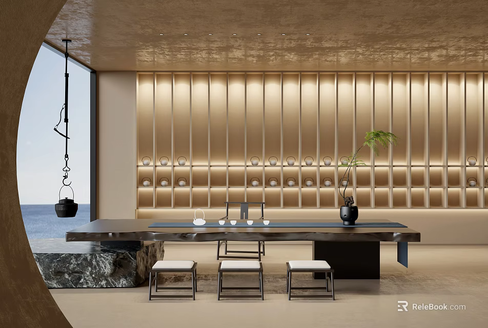 Modern Tea Room Interior With Wooden Wall Panels Tea Table Stools And Warm Lighting 3d model 