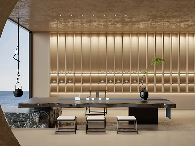 Modern Tea Room Interior With Wooden Wall Panels Tea Table Stools And Warm Lighting 3d model