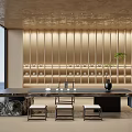 Modern Tea Room Interior With Wooden Wall Panels Tea Table Stools And Warm Lighting