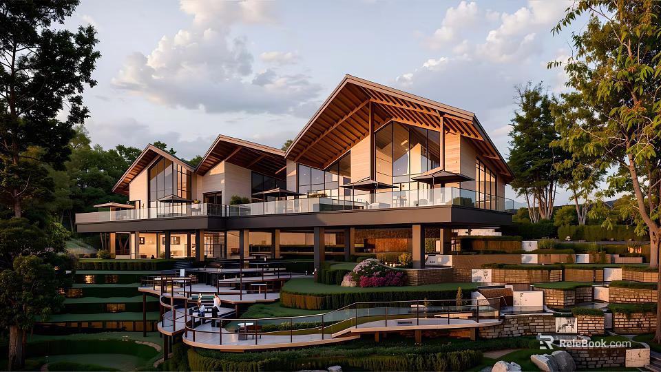 Modern Boutique Hotel Building With Wooden Roof Large Glass Windows Surrounding Greenery And Terrace Landscape 3d model 