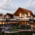 Modern Boutique Hotel Building With Wooden Roof Large Glass Windows Surrounding Greenery And Terrace Landscape