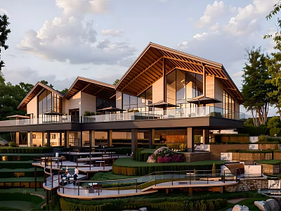 Modern Boutique Hotel Building With Wooden Roof Large Glass Windows Surrounding Greenery And Terrace Landscape 3d model