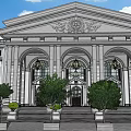Classical European Architecture Featuring Grand Columns Symmetrical Pediment and Landscaped Steps