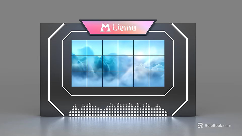 Modern Display Cabinet Shelf With Pink Aliemu Logo Black Frame White Border Blue Cloud Background 3d model 