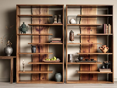 Stylish Wooden Double Bookcase With Books Vases Statues And Fruit Bowl Interior 3d model