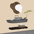 Natural Stone Washbasin Vanity with Irregular Mirror Wooden Shelves Green Plant and Storage Basket