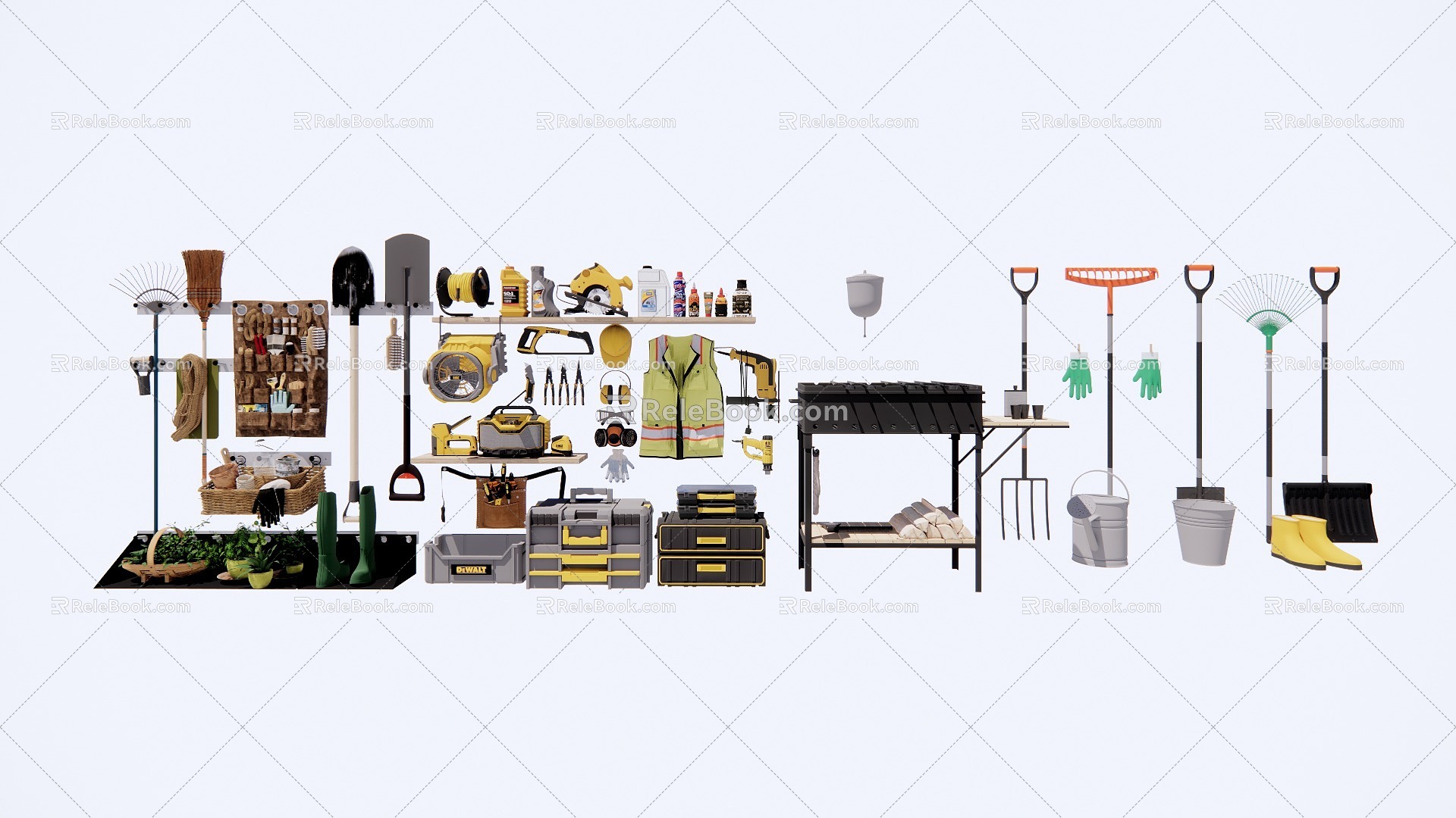 Modern Tools Tools Wall Electric Saw Protective Glasses Gas Mask Hardware Tools Electric Hammer Tool Room Agricultural Tools Bucket Shovel Shovel Shovel Shot Boots Gloves model