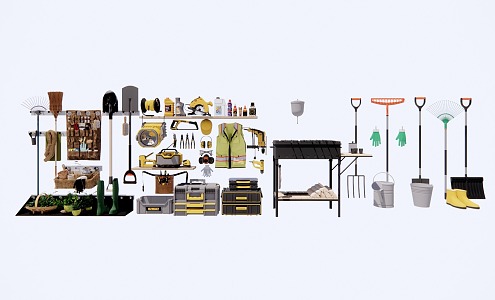 Modern Tools Wall Electric Saw Protective Glasses Gas Mask Hardware Tools Electric Hammer Tool Room Agricultural Tools Bucket Shovel Shot Boots Gloves 3d model