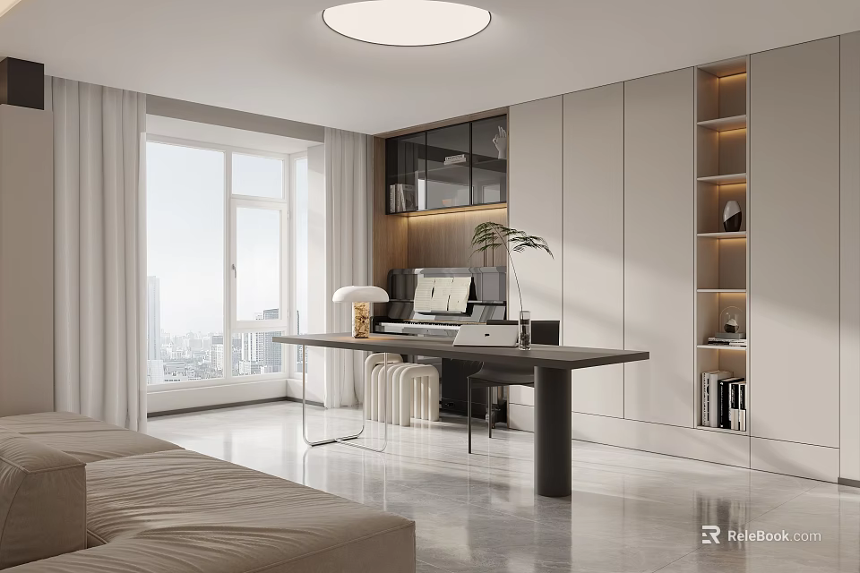 Modern Study Room Interior Design With Large Window City View Wooden Desk And Built in Bookshelves 3d model 
