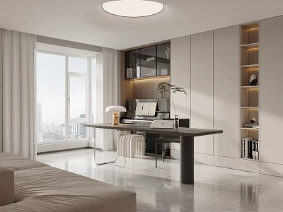 Modern Study Room Interior Design With Large Window City View Wooden Desk And Built in Bookshelves 3d model