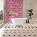 White Bathtub in Bathroom With Pink Floral Wallpaper and Black White Checkered Floor Tiles