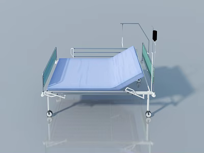 Blue Medical Bed With Metal Frame Adjustable Side Rails And Rolling Wheels 3d model