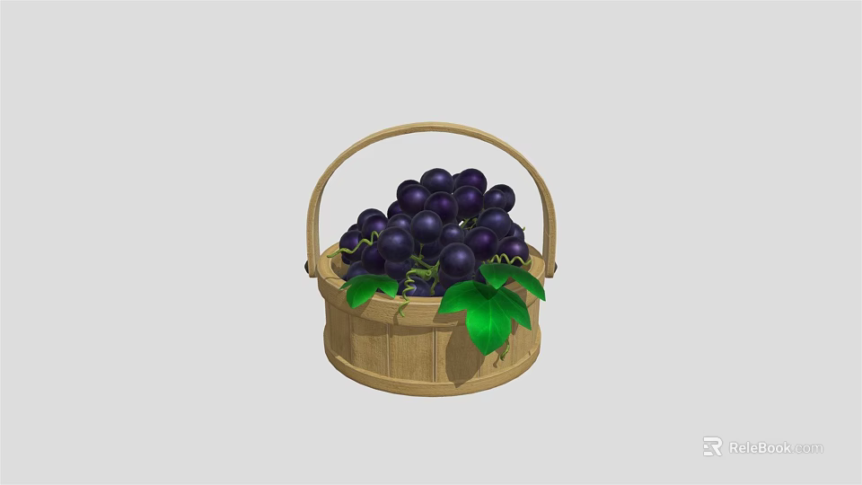 Bamboo Basket With Fresh Purple Grapes And Green Leaves For Daily Use 3d model 