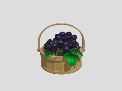 Bamboo Basket With Fresh Purple Grapes And Green Leaves For Daily Use 3d model