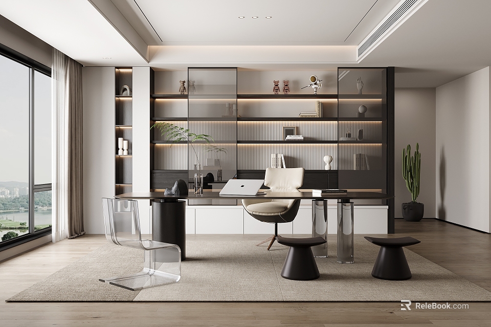 Modern Study Room Interior With Glass Shelves And Transparent Chair 3d model 
