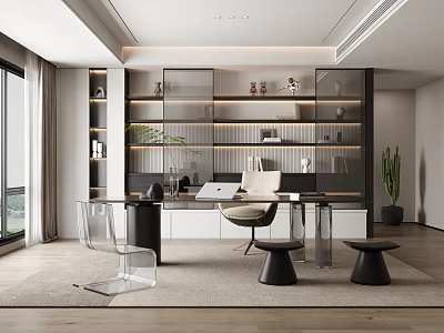 Modern Study Room Interior With Glass Shelves And Transparent Chair 3d model