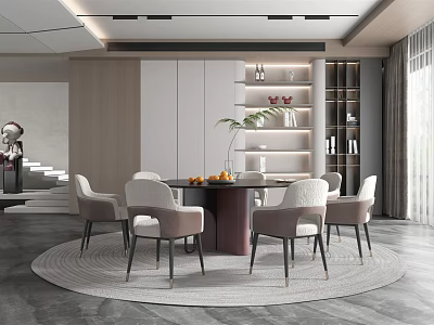 Modern Restaurant Interior Design With Round Dining Table And Beige Upholstered Chairs 3d model