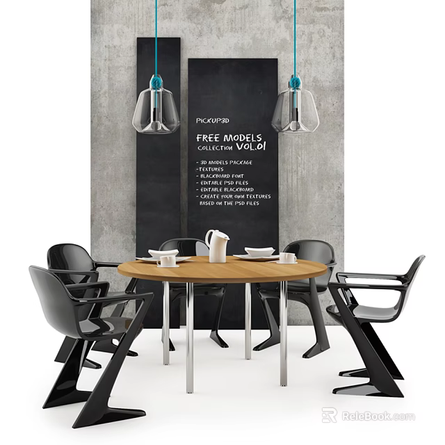 Round Wooden Dining Table Set with Black Chairs Pendant Lights and Gray Wall Background 3d model 