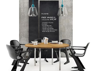 Round Wooden Dining Table Set with Black Chairs Pendant Lights and Gray Wall Background 3d model